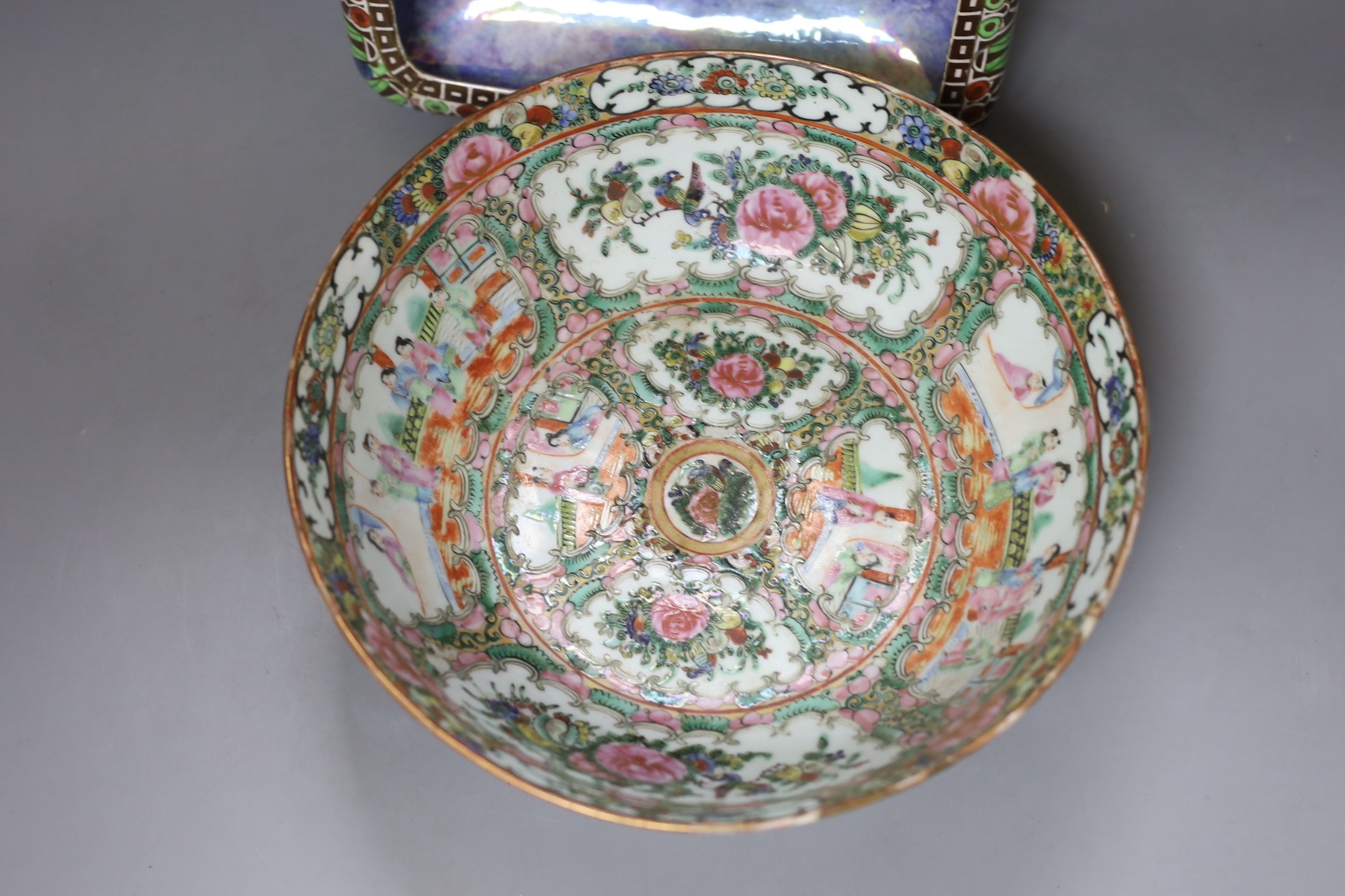 A late 19th century Cantonese famille rose bowl, a Royal Winton lustreware, diameter 26cm, together with a Japanese Satsuma twin handled vase, 20.5cm tall